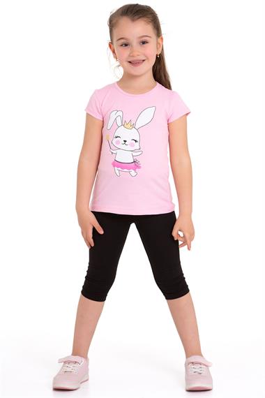 Tavşan Baskılı Açık Pembe Renk Kız Çocuk Taytlı Takım