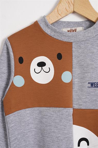 Tilki Ve Ayı Figürlü Bisiklet Yaka Gri Melanj Renk Erkek Çocuk Sweatshirt
