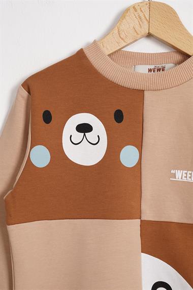 Tilki Ve Ayı Figürlü Bisiklet Yaka Camel Renk Erkek Çocuk Sweatshirt
