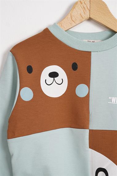 Tilki Ve Ayı Figürlü Bisiklet Yaka Mint Renk Erkek Çocuk Sweatshirt