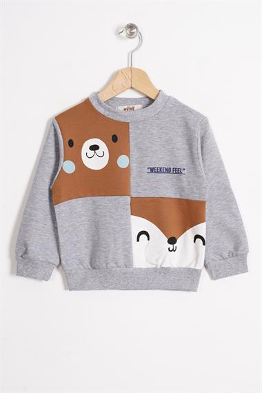 Tilki Ve Ayı Figürlü Bisiklet Yaka Gri Melanj Renk Erkek Çocuk Sweatshirt