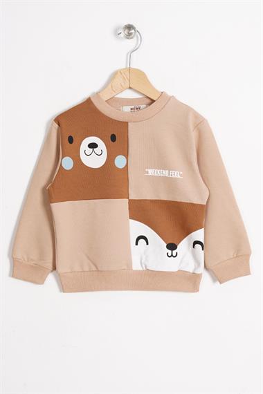 Tilki Ve Ayı Figürlü Bisiklet Yaka Camel Renk Erkek Çocuk Sweatshirt