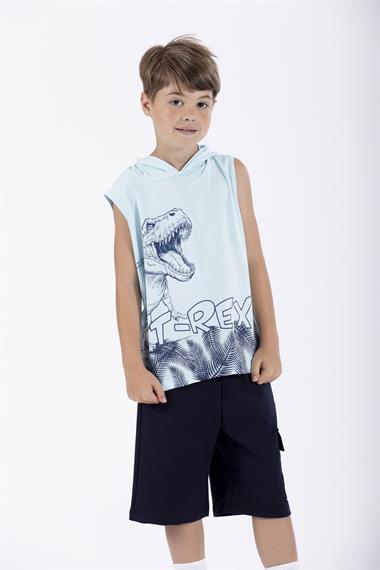 Trex Baskılı Kapüşonlu Sıfır Kol Mavi Renk Erkek Çocuk Tshirt