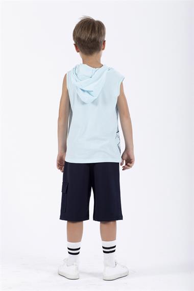 Trex Baskılı Kapüşonlu Sıfır Kol Mavi Renk Erkek Çocuk Tshirt