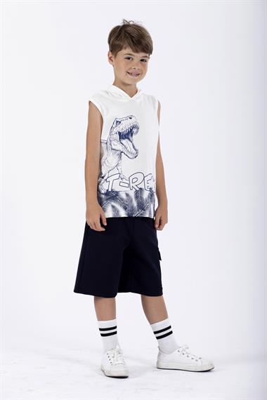 Trex Baskılı Kapüşonlu Sıfır Kol Ekru Renk Erkek Çocuk Tshirt