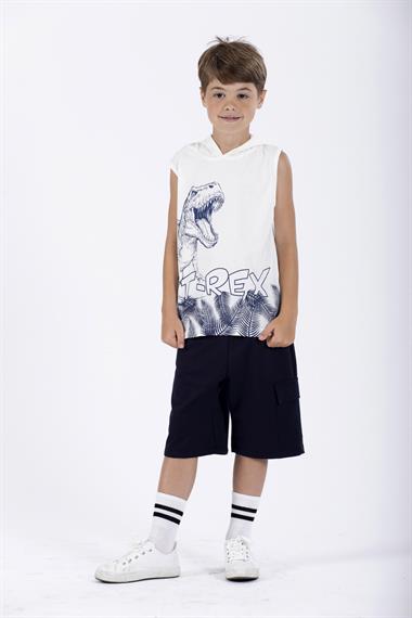 Trex Baskılı Kapüşonlu Sıfır Kol Ekru Renk Erkek Çocuk Tshirt
