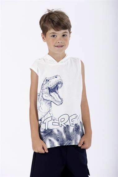 Trex Baskılı Kapüşonlu Sıfır Kol Ekru Renk Erkek Çocuk Tshirt