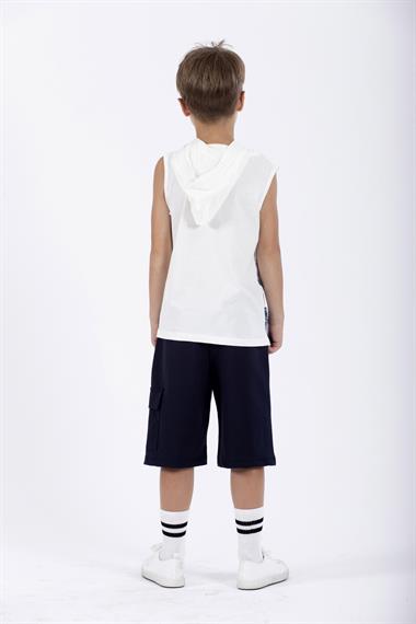 Trex Baskılı Kapüşonlu Sıfır Kol Ekru Renk Erkek Çocuk Tshirt