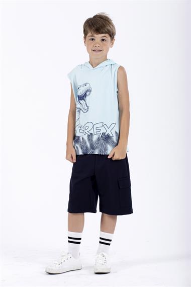 Trex Baskılı Kapüşonlu Sıfır Kol Mavi Renk Erkek Çocuk Tshirt
