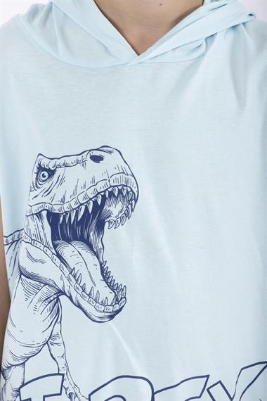 Trex Baskılı Kapüşonlu Sıfır Kol Mavi Renk Erkek Çocuk Tshirt