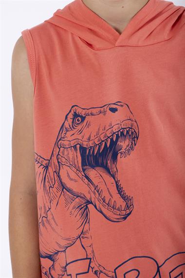 Trex Baskılı Kapüşonlu Sıfır Kol Nar Çiçeği Renk Erkek Çocuk Tshirt