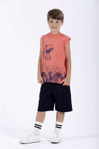 Trex Baskılı Kapüşonlu Sıfır Kol Nar Çiçeği Renk Erkek Çocuk Tshirt