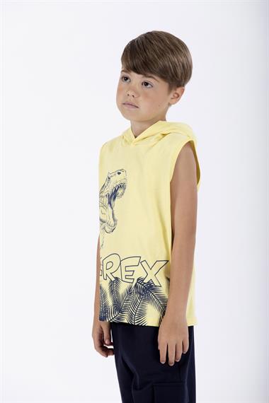 Trex Baskılı Kapüşonlu Sıfır Kol Sarı Renk Erkek Çocuk Tshirt