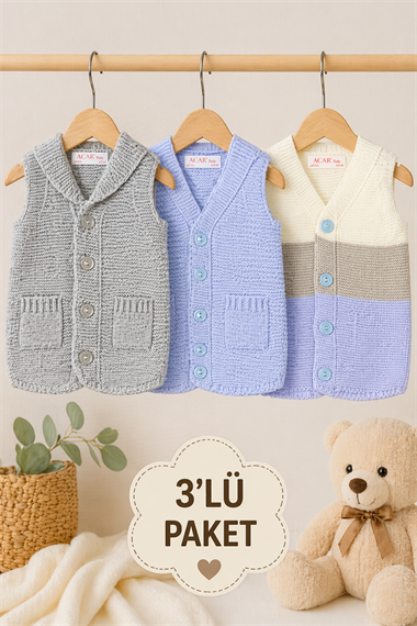 Unisex Bebek Triko Yelek 3'lü Paket Düğmeli Kolsuz Bebek Yeleği 6-24 Ay