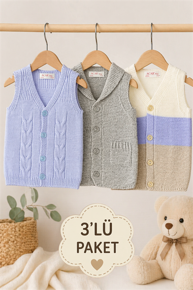 Unisex Bebek Triko Yelek 3'lü Paket Düğmeli Kolsuz Bebek Yeleği 6-24 Ay