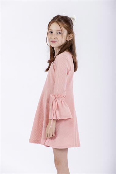 Bisiklet Yaka Uzun Kol Pembe Renk Kız Çocuk Elbıse