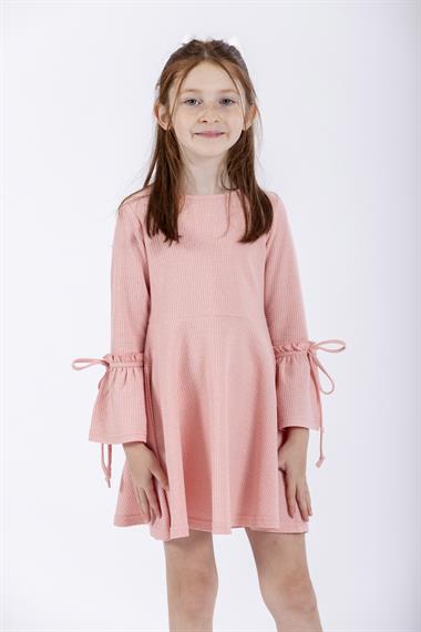 Bisiklet Yaka Uzun Kol Pembe Renk Kız Çocuk Elbıse