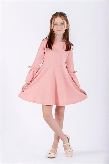 Bisiklet Yaka Uzun Kol Pembe Renk Kız Çocuk Elbıse