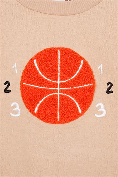 Basket Topu Nakışlı Bej Renk Erkek Çocuk Sweatshirt