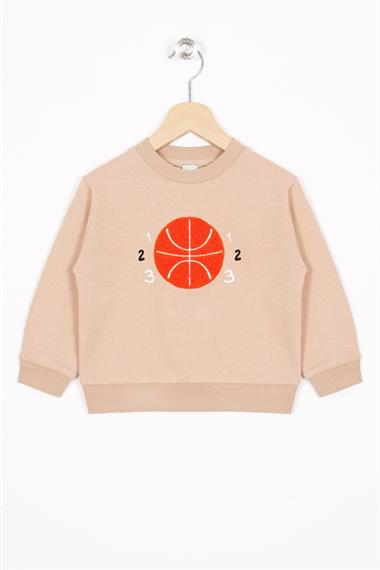Basket Topu Nakışlı Bej Renk Erkek Çocuk Sweatshirt