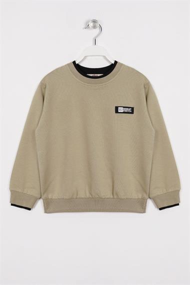 Yakası Kaşkorse Detaylı Haki Renk Erkek Çocuk Sweatshirt