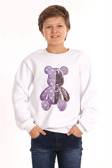 Ayıcık Baskılı Beyaz Renk Erkek Çocuk Sweat