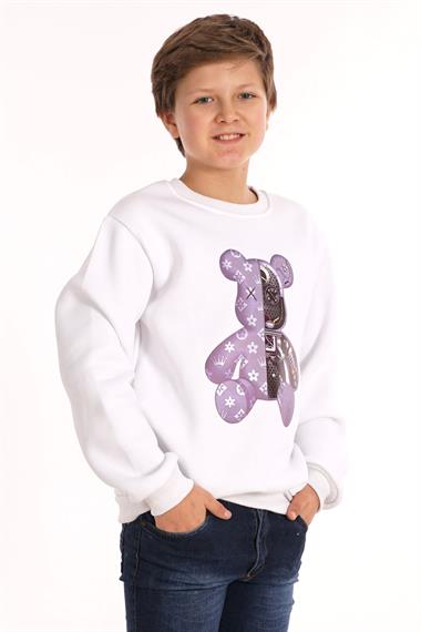 Ayıcık Baskılı Beyaz Renk Erkek Çocuk Sweat