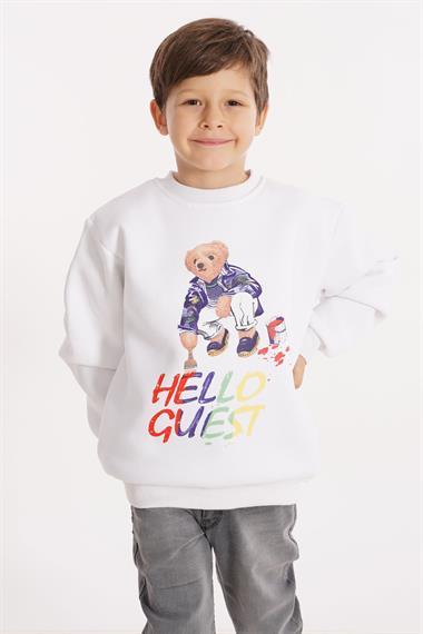 Hello Guest Baskılı Beyaz Renk Erkek Çocuk Sweat