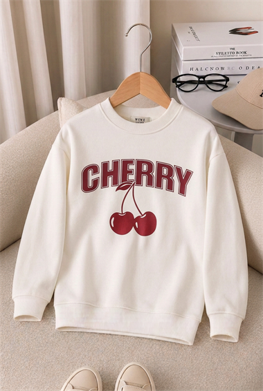 Çocuk Ekru Cherry Baskılı Bisiklet Yaka Uzun Kollu Sweatshirt