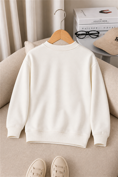 Çocuk Ekru Cherry Baskılı Bisiklet Yaka Uzun Kollu Sweatshirt