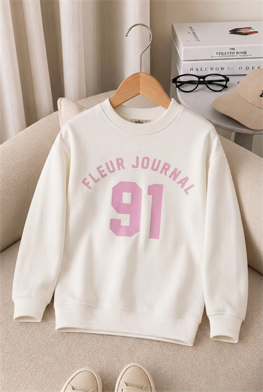 Çocuk Ekru 91 Baskılı Bisiklet Yaka Uzun Kollu Sweatshirt
