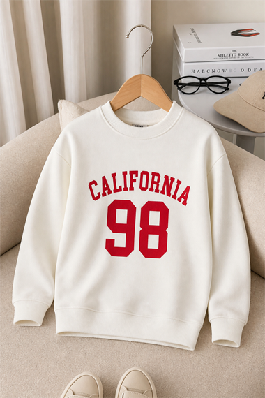 Çocuk Ekru California 98 Baskılı Bisiklet Yaka Uzun Kollu Sweatshirt
