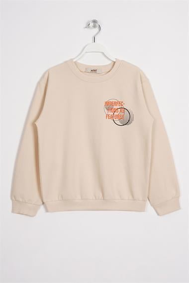 Yazı Baskılı Taş Renk Erkek Çocuk  Sweatshirt