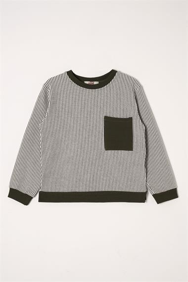 Bisiklet Yaka Tek Cep Haki Renk Erkek Çocuk Çizgili Sweatshirt