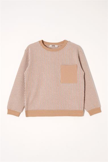 Bisiklet Yaka Tek Cep Vizon Renk Erkek Çocuk Çizgili Sweatshirt