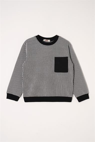 Bisiklet Yaka Tek Cep Siyah Renk Erkek Çocuk Çizgili Sweatshirt