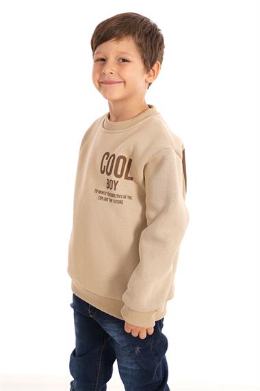 Bisiklet Yaka Şardonlu Cool Boy Baskılı Vizon Renk Erkek Çocuk Sweat
