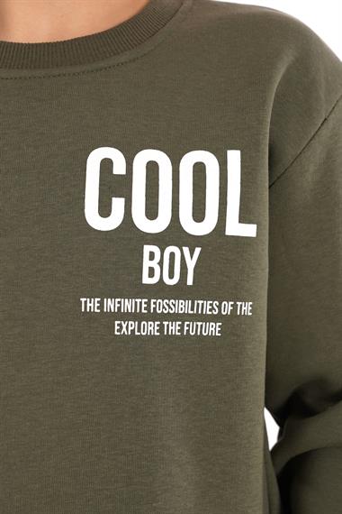 Bisiklet Yaka Şardonlu Cool Boy Baskılı Haki Renk Erkek Çocuk Sweat