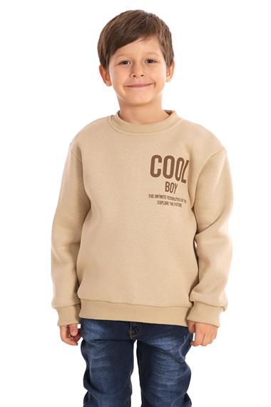 Bisiklet Yaka Şardonlu Cool Boy Baskılı Vizon Renk Erkek Çocuk Sweat