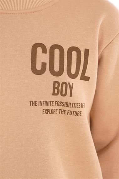 Bisiklet Yaka Şardonlu Cool Boy Baskılı Bej Renk Erkek Çocuk Sweat
