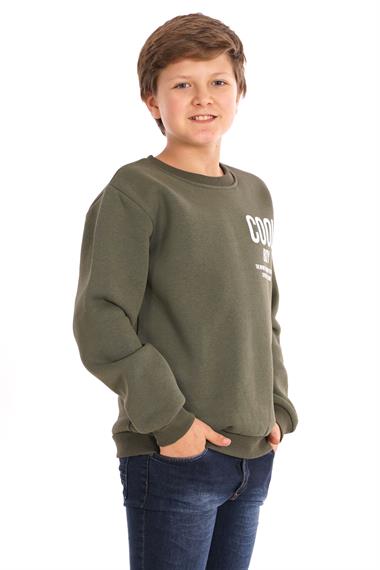Bisiklet Yaka Şardonlu Cool Boy Baskılı Haki Renk Erkek Çocuk Sweat