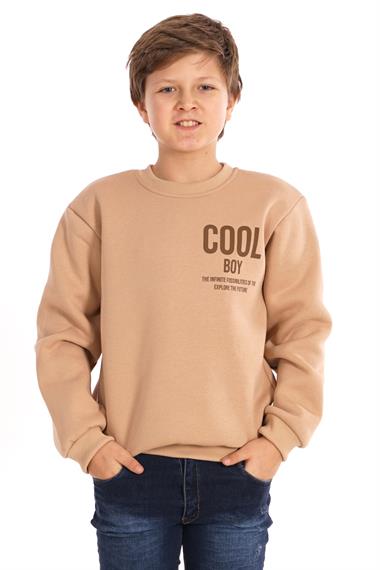 Bisiklet Yaka Şardonlu Cool Boy Baskılı Bej Renk Erkek Çocuk Sweat