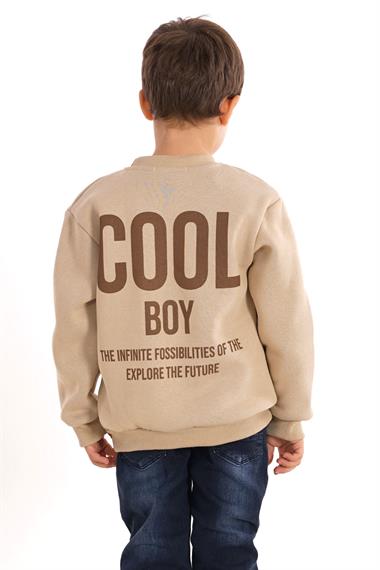 Bisiklet Yaka Şardonlu Cool Boy Baskılı Vizon Renk Erkek Çocuk Sweat