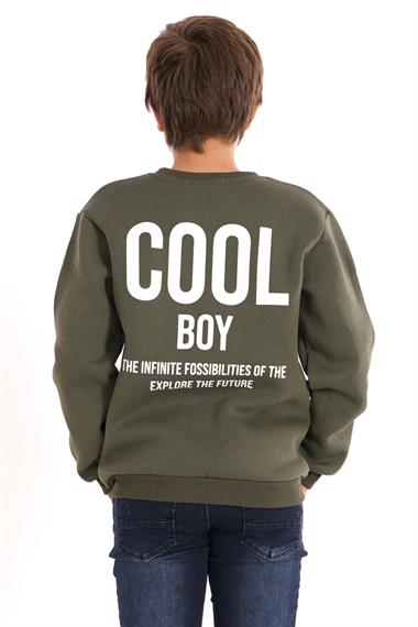 Bisiklet Yaka Şardonlu Cool Boy Baskılı Haki Renk Erkek Çocuk Sweat
