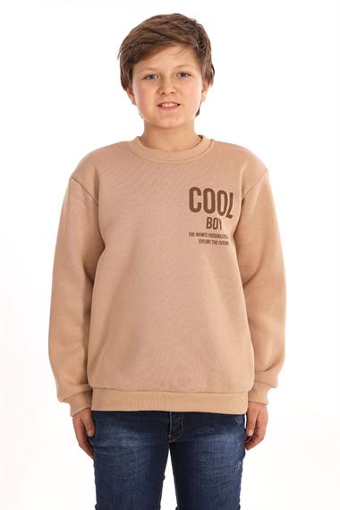 Bisiklet Yaka Şardonlu Cool Boy Baskılı Bej Renk Erkek Çocuk Sweat