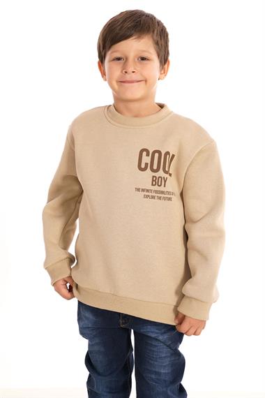Bisiklet Yaka Şardonlu Cool Boy Baskılı Vizon Renk Erkek Çocuk Sweat