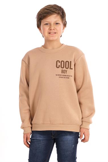 Bisiklet Yaka Şardonlu Cool Boy Baskılı Bej Renk Erkek Çocuk Sweat