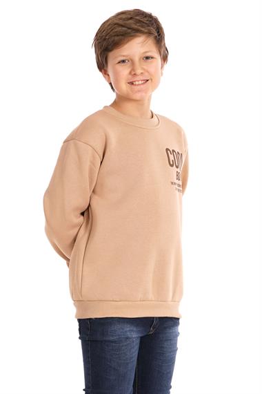 Bisiklet Yaka Şardonlu Cool Boy Baskılı Bej Renk Erkek Çocuk Sweat