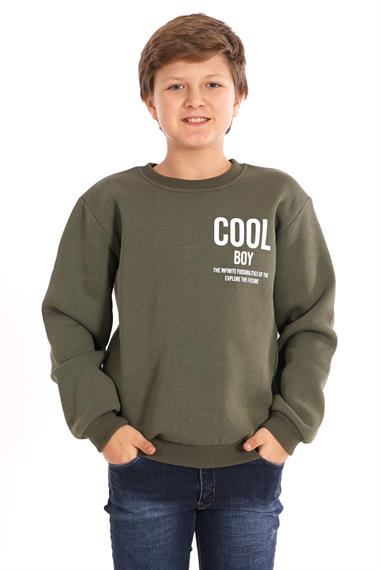 Bisiklet Yaka Şardonlu Cool Boy Baskılı Haki Renk Erkek Çocuk Sweat