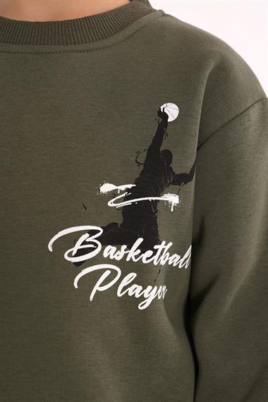 Bisiklet Yaka Şardonlu Basketball Baskılı Haki Renk Erkek Çocuk Sweat